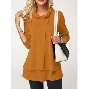 Heather Mustard Cowl Neck Layered Hem Long Sleeve Sweater Top Womens Size Medium